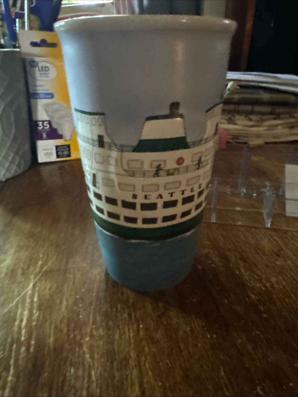 Seattle Ferry Ceramic Travel Tumbler - Blue & White